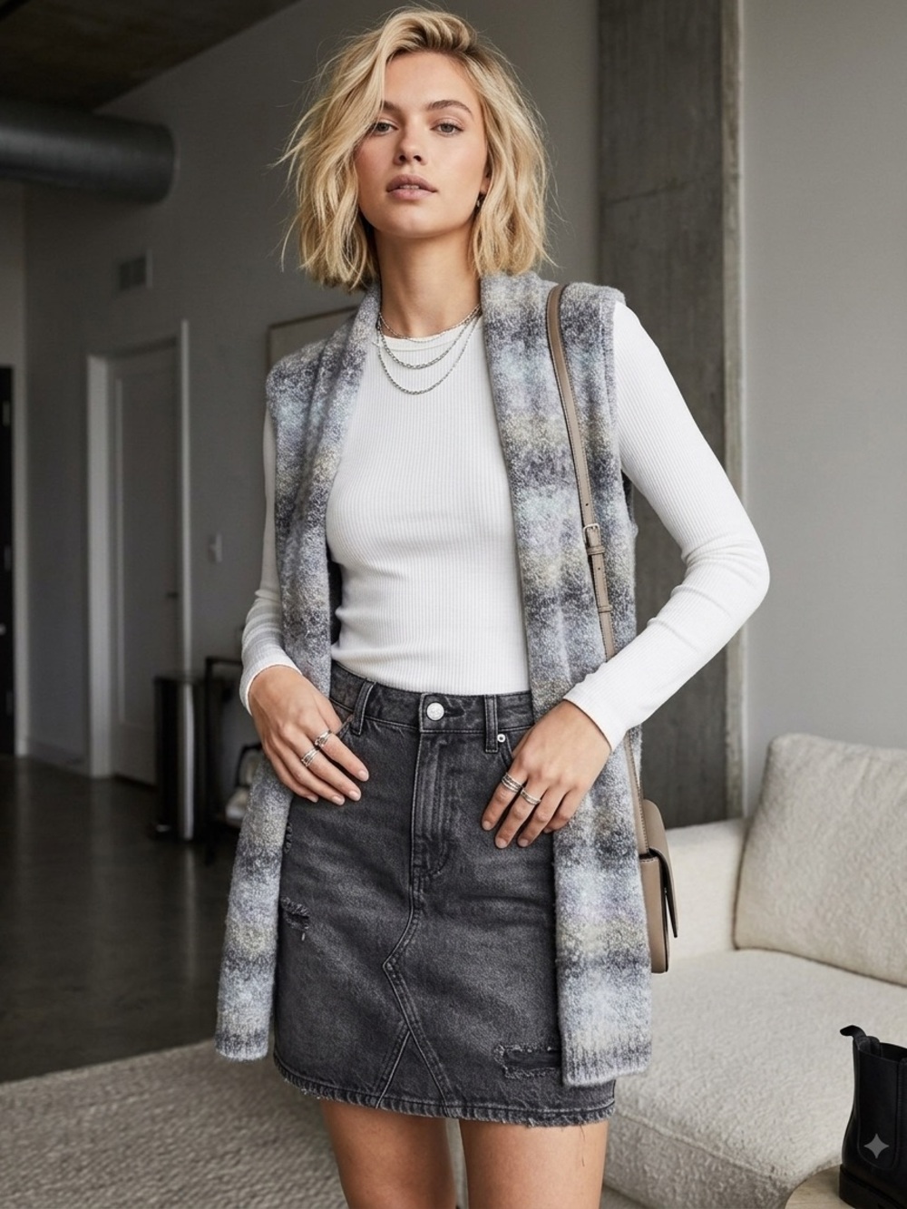 Chico's Open Front Vest in Gray, White, Purple & Blue
